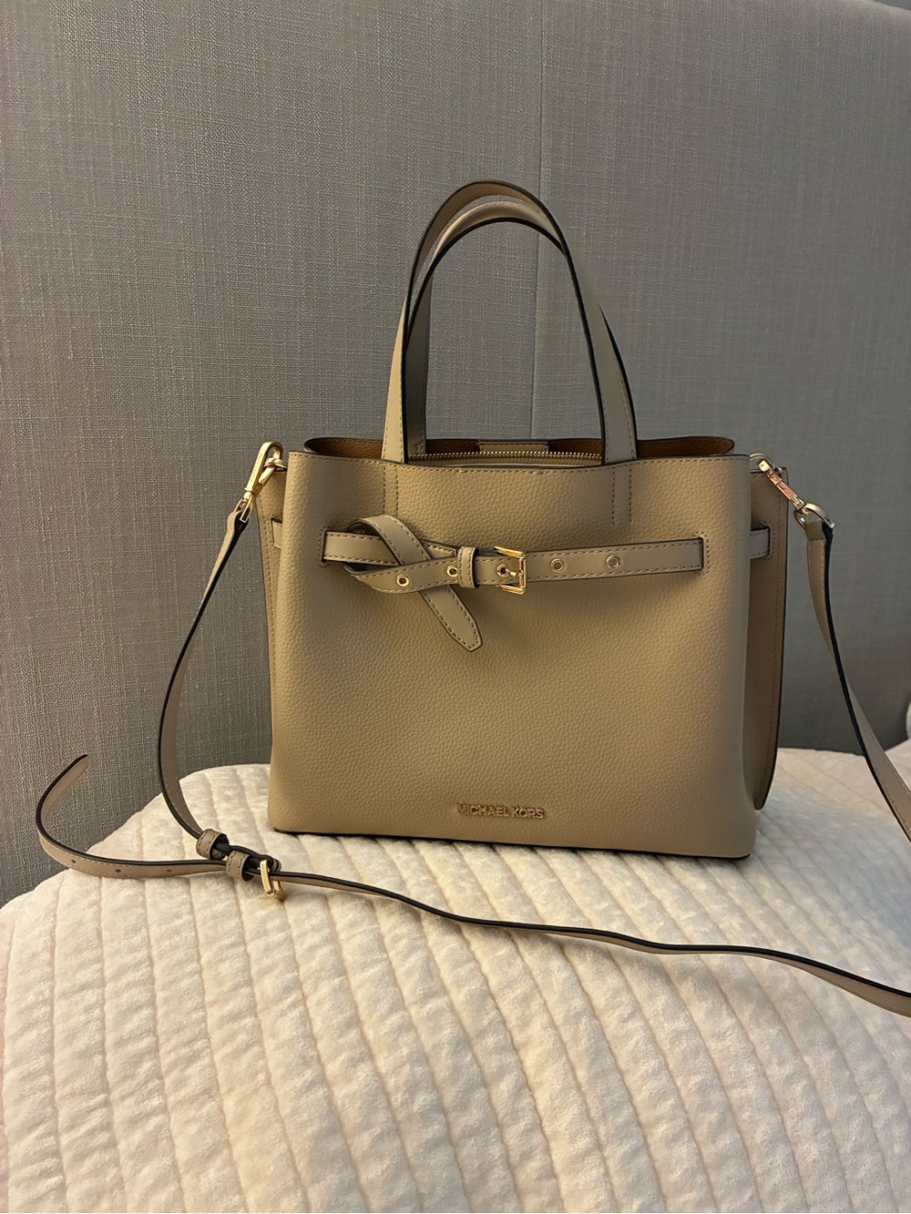 Michael Kors Taupe Pebbled Leather Tote with Belt Accent